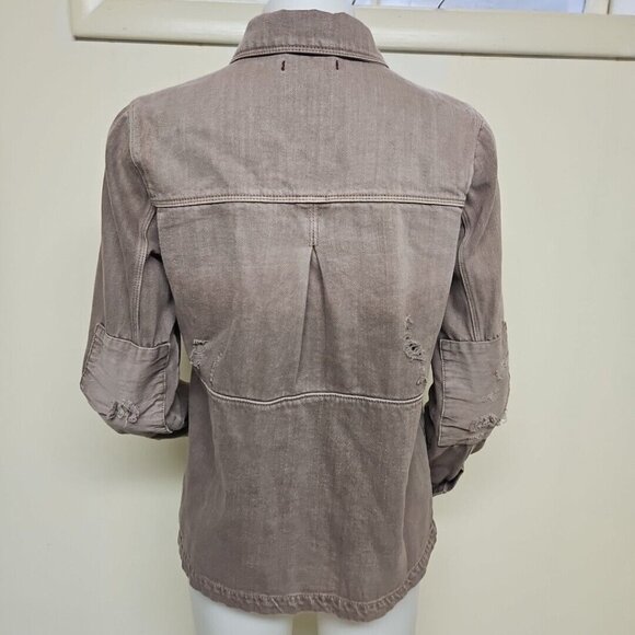 Dear John Distressed Denim Jacket Ripped Cotton Jean Womens XS Brown Boxy Cut - Picture 3 of 10